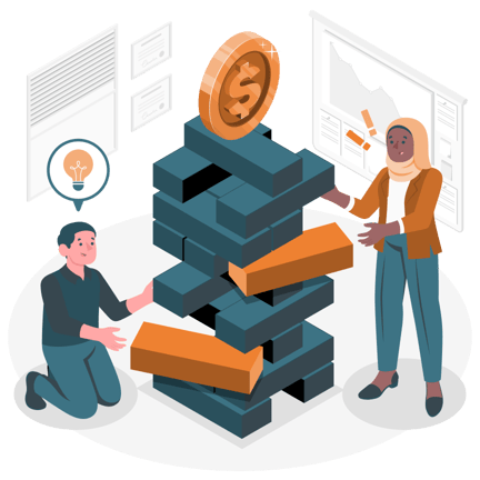 An abstract graphic showing two people stacking giant blocks which are tipping over. An abstract graphic showing two people stacking giant blocks which are tipping over.