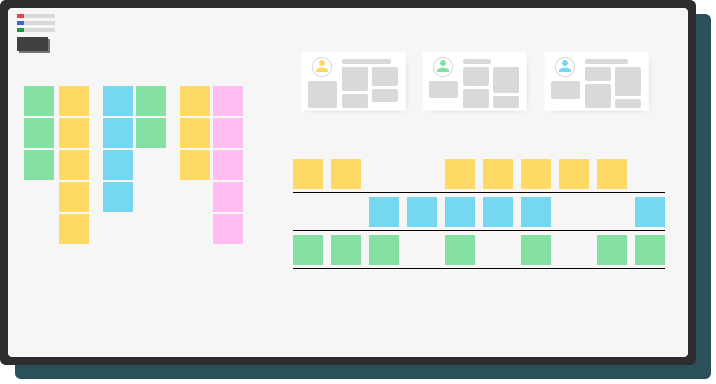 An abstract graphic representing a whiteboard with sticky notes organized into groups.